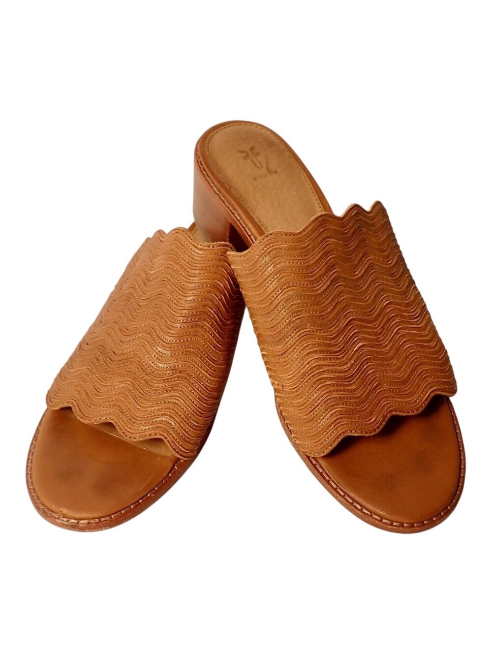 Frye Shoes Womens 8M Scallop Wavy Leather Slide Mule Block Heel Cognac